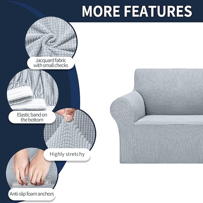 2025 New Stretch Chair Sofa Slipcovers Couch Cover for 1 Seater Furniture Protector Sofa Covers with Elastic Bottom Jacquard Fabric Small Checks for Pets, Kids - Silver