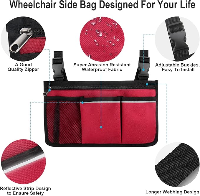 Wheelchair Side Bag, Wheelchair Armrest Storage Pouch with Cup Holder Use of Waterproof Fabric, for Most Wheelchairs, Walkers or Rollators (Red)