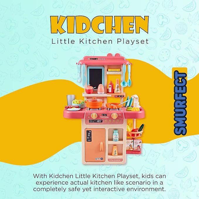 Kitchen Play Set with Accessories- Mini Kitchen Set with Realistic Light Sound Steam Simulation- Indoor Games Cooking Playset with Water Outlet- Toys for Toddlers Children & Girls