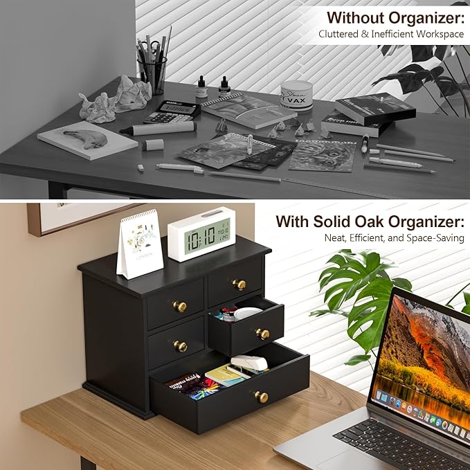 Oak Desk Organizer with Drawers, Durable Wooden Desktop Storage Box with Metal Handles & Non-Slip Silicone Pads, 4 Drawer Tabletop Organizer for Office, Bedroom, Bathroom, Vanity, and Makeup – Black
