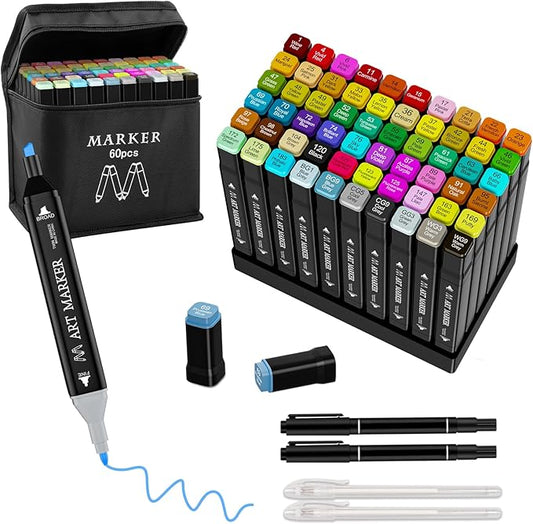 Alcohol Markers Set, 60 Colors Dual Tip Art Marker for Kids Sketching Adult Coloring, Permanent Drawing Marker with Case and Holders