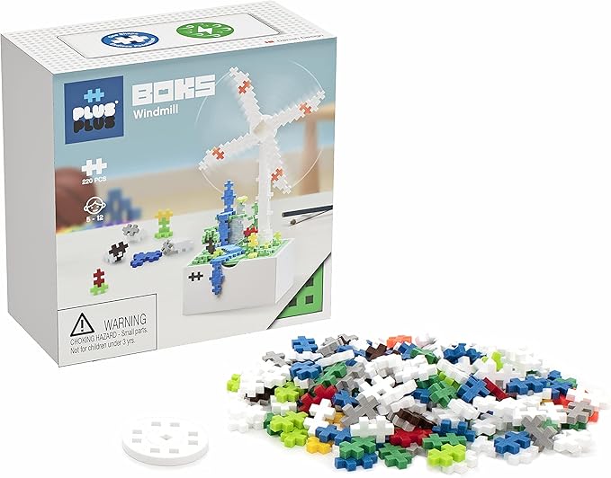 PLUS PLUS - BOKS Windmill Kids - 220 Pieces - Construction Building Desk Stem/Steam Fidget Toy, Interlocking Mini Puzzle Blocks
