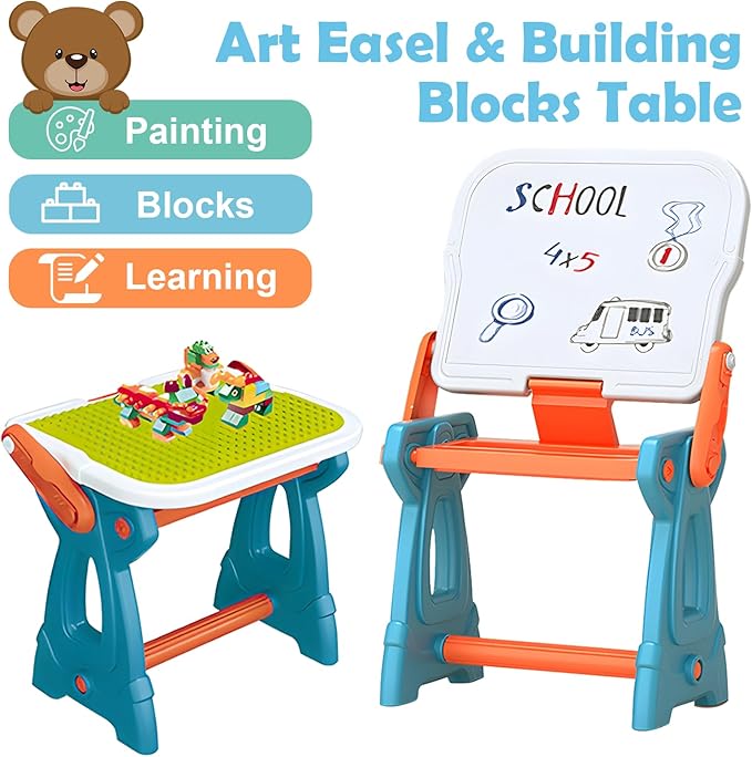 Kids Art Easel with Stool,2-in-1 Double-Sided Kids White Board Easel and Building Block Activity Table-Includes 88 Building Blocks, Art Easel for Kids 3-5, Toys for Toddlers, Boys and Girls