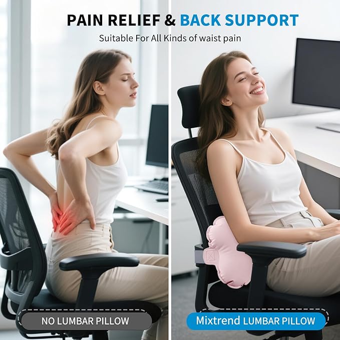 Mixtrend Travel Lumbar Pillow – Inflatable Memory Foam Back Support Cushion for Airplane, Car, Office Chair, Long Flight – Ergonomic Pain Relief for Women, Men & Kids（Blush Pink）