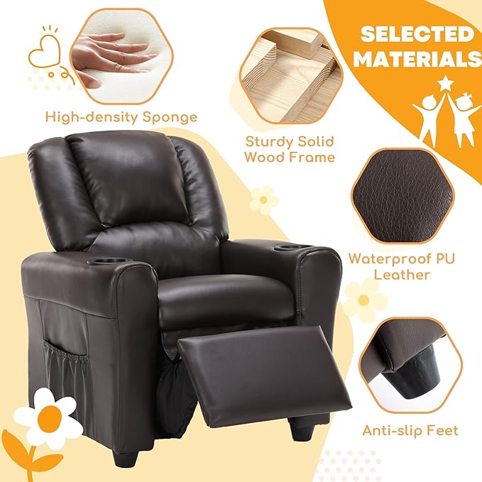JC HOME Candy Kids Reclining Chair Leather Recliner Sofa Toddler Youth Children Child Ages 1-6