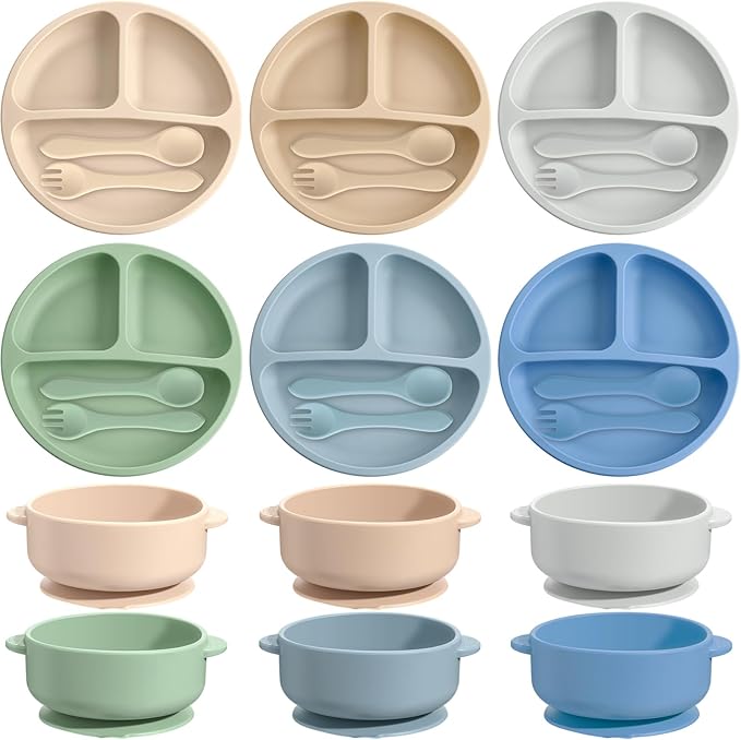 Dandat 24 Pcs Silicone Baby Feeding Set,6 Baby Toddler Suction Bowls 6 Divided Suction Plates with 6 Forks 6 Spoons, Utensils Set for Weaning Infant Feeding and Eating, 6 Styles(Dark Color)