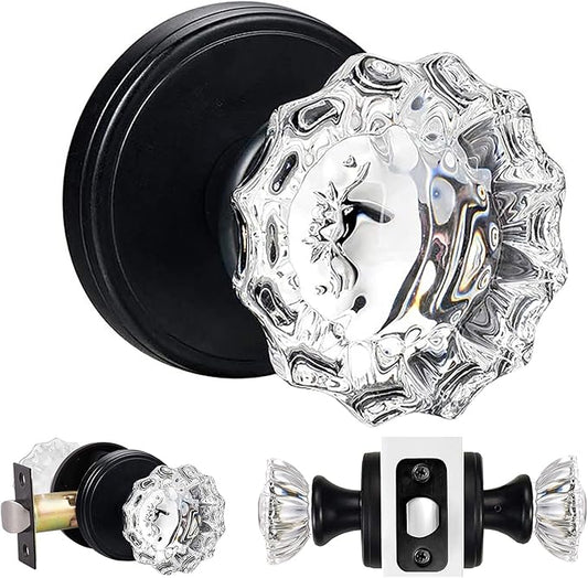 SHINY HANDLES Glass Door Knobs Interior, Passage Clear Crystal Door Knobs for Hall and Closet (Matte Black,1Pack)
