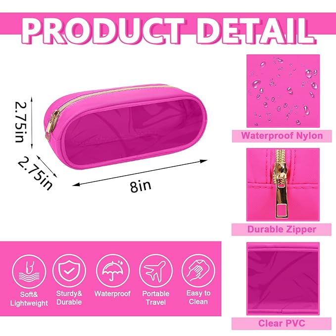 UIXIZQ Clear Small Pencil Pouch Makeup Bag for Purse,Nylon&PVC Pencil Case Waterproof Makeup Brush Holder with Zipper,Preppy Transparent Pen Bag Travel Cosmetic Bag for Women Office(Slim-Hot Pink)