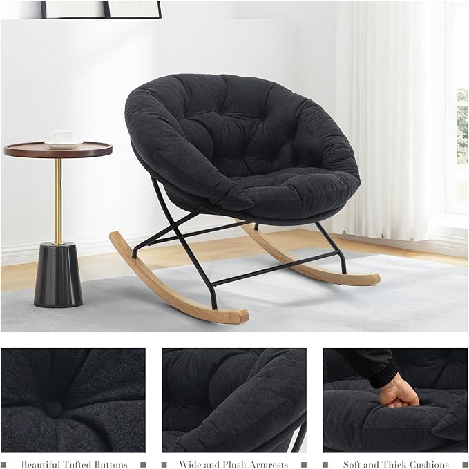 COLAMY Rocking Chair Nursery, Upholstered Glider Rocker Accent Chair Saucer Armchair with Comfy Cushions, Wood Base and Metal Legs for Living Room, Bedroom, Office, Black