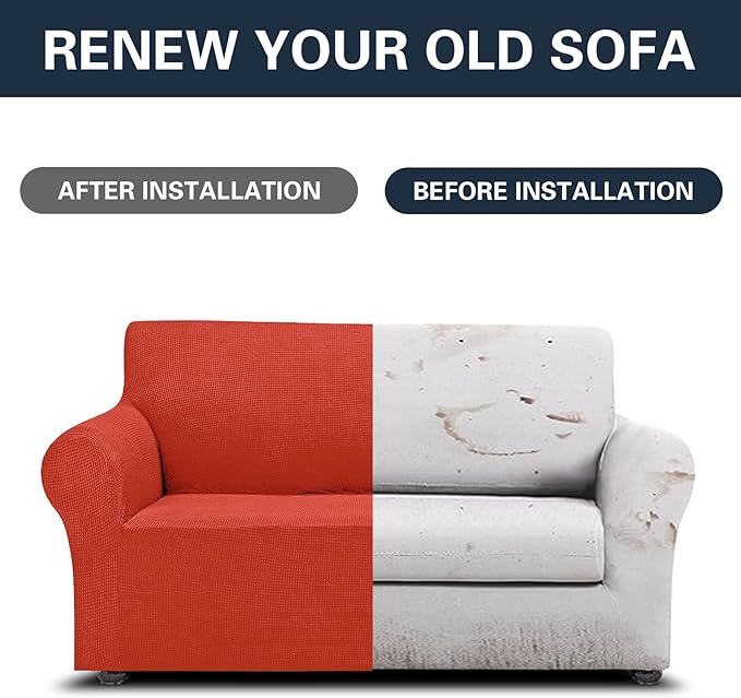 2025 New Stretch Loveseat Sofa Slipcovers Couch Cover for 2 Cushion Furniture Protector Sofa Covers with Elastic Bottom Jacquard Fabric Small Checks for Pets, Kids - Pureed Pumpkin