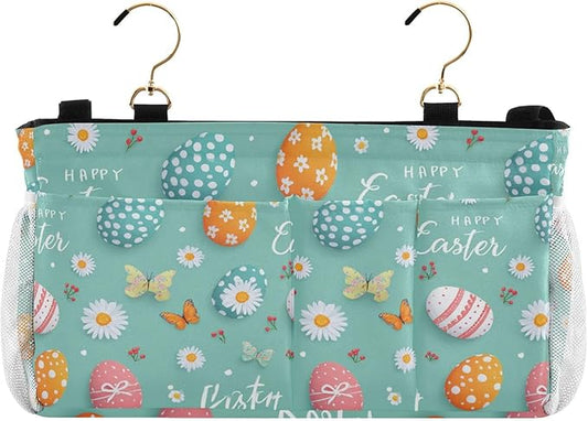 Egg Butterfly Easter Flower Bedside Caddy for Dorm Bed Bedside Hanging Caddy Bag Iron Frame Storage Organizer Pocket for Bunk Home College Hospital Beds 2 Hooks
