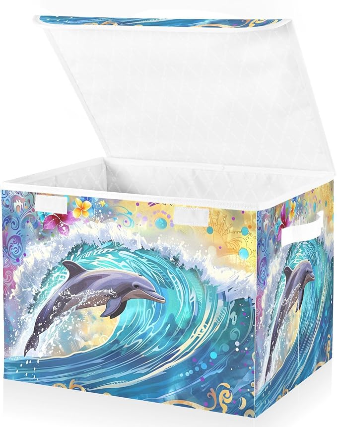 senya Large Storage Bins with Linen Collapsible Foldable Storage Cubes Fabric Closet Organizer Containers box with Flip-Top Lid for Home Bedroom Office 16.7 x 12.6 x 11.8in (Dolphin)