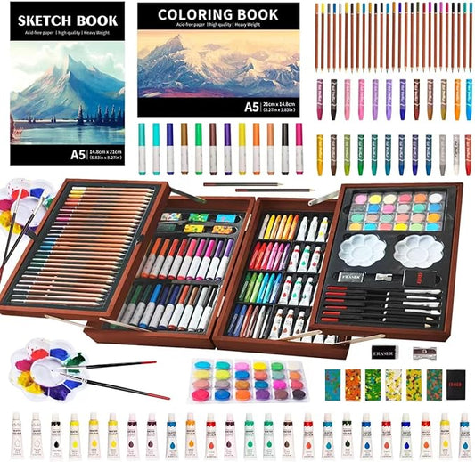 KINSPORY Art Supplies, 139 Pack Painting Drawing Art Kit with 2 Sketch Pads, Deluxe Double Layers Art Set Crafts, Colored Pencils, Oil Pastels, Watercolor Paints, Gift for Artists Kids (Brown)