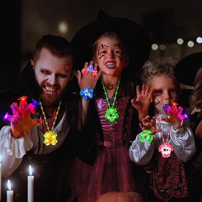 84 PCS Halloween Party Favors for Kids, Halloween Glow in the Dark Toys Rotating Spin Light Up Bracelets Necklaces Rings Decorations, Halloween Trick or Treats Goodie Bag Fillers Party Supplies