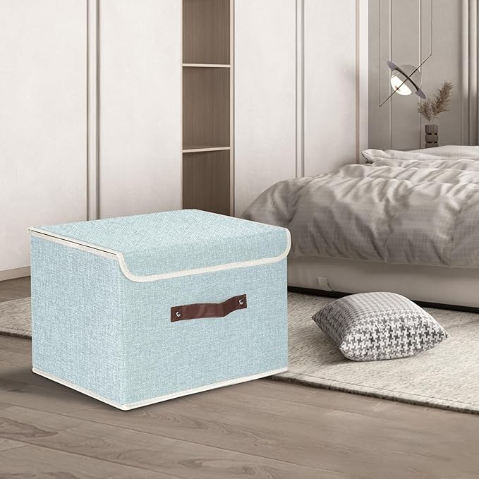 TYEERS Collapsible Storage Boxes, Washable Fabric Storage Bins with Lids, 14.9x9.8x9.8 inches, 2 Pack, Aqua Spring