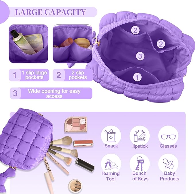 Puffer Quilted Makeup Bag Cosmetic Bags,Puffy Travel Toiletry Pouch for Women,Cute Checkered Zipper Bag Travel Essential,Portable Aesthetic Make up Organizer Bag for Gifts Work Daily(Purple,S)