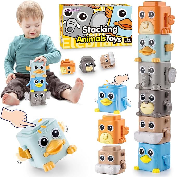 Stacking Toys for Toddlers, 6 Pcs Cause and Effect Toys Animal Push Game, Sensory Montessori Fine Motor Skills Fidget Toys for Ages 2 3 4 5 6 Year Old Boys Girls Kids Birthday Gifts