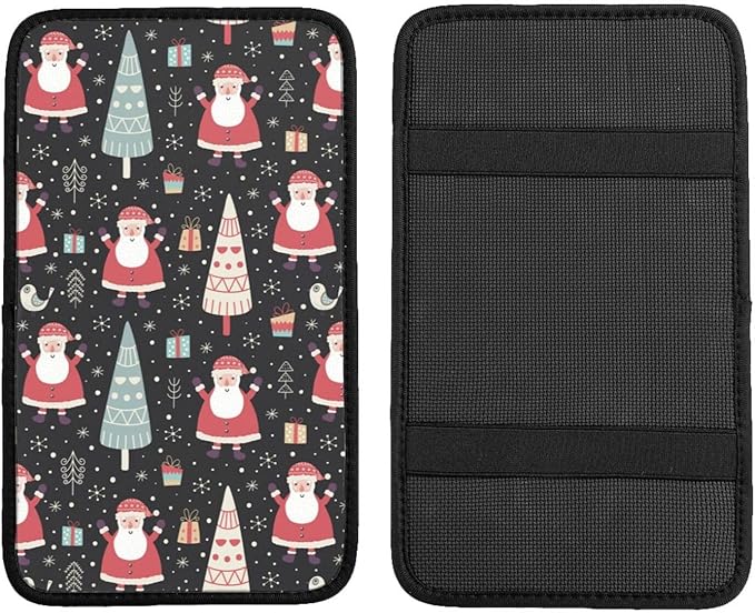 Cute Winter Santa Christmas Trees Gifts Snowflakes Snow Tree Black Auto Center Console Armrest Pad Universal Car Center Console Cover Seat Box Cover For Sedan, Van, Suv, Truck Car Accessorie