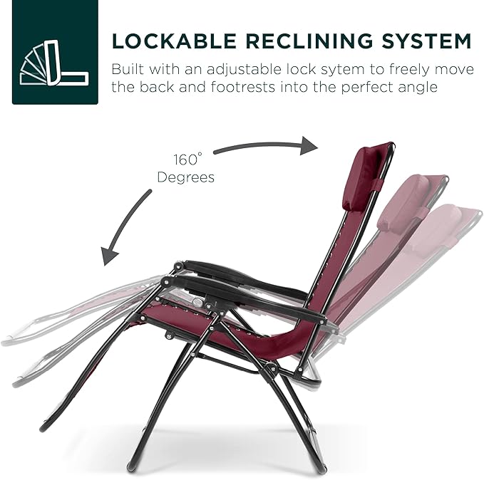 Best Choice Products Oversized Zero Gravity Chair, Folding Outdoor Patio Lounge Recliner w/Cup Holder Accessory Tray, Pillow - Burgundy
