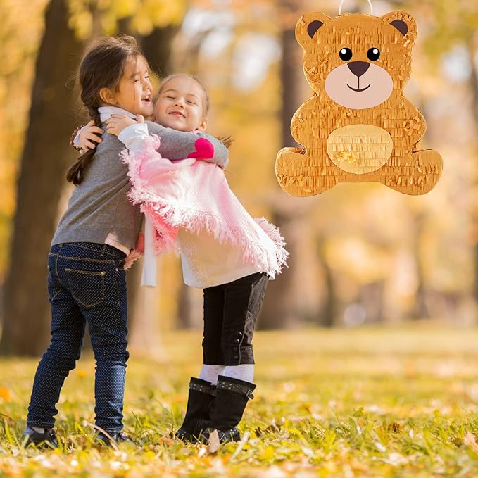 Lewtemi 14.5 Inch Bear Piñata Bear Themed Birthday Party Supplies Animal Piñata with Wood Bat Stick, Paper Blindfold and Confetti for Valentine's Day Baby Shower Party Decor Kid Adult Boy Girl