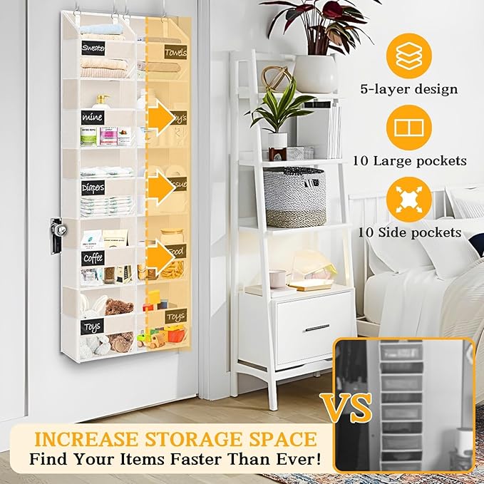 Over the Door Organizer, 5-Tier Extra Large Storage with 10 Pockets and PVC Label Pouches, 80 lbs Capacity Hanging Closet Organizer, Beige