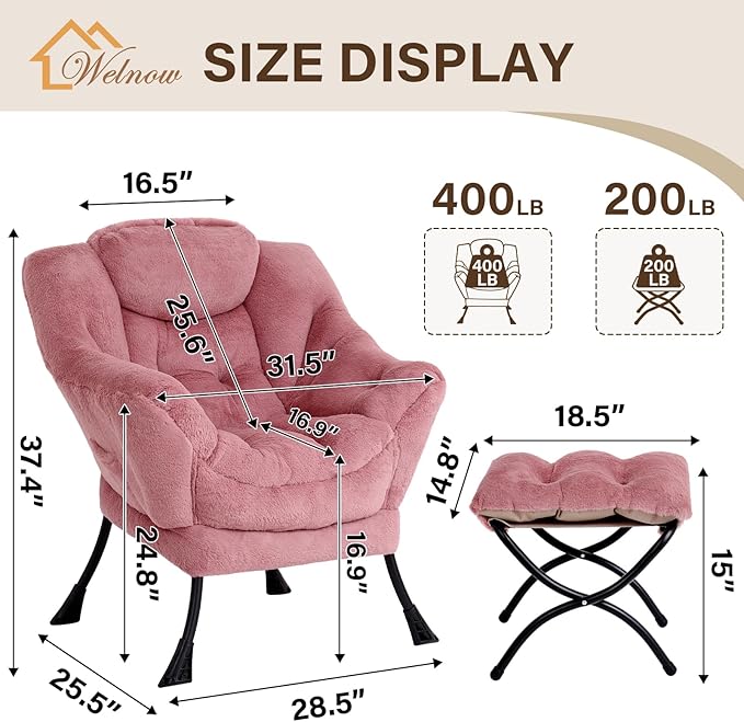 Welnow Lazy Chair with Ottoman, Modern Lounge Accent Chair with Armrests and a Side Pocket, Leisure Sofa Armchair Set, Reading Armchair with Footrest for Small Space, Plush Dark Pink