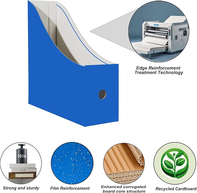 Limitliho 2 Pack Cardboard Magazine File Holder for Desktop ，Blue Book Bins for Classroom Library, Office or Home, Vertical Paper Boxes for Storage with Label(10.6" H x 10.2" L x 3.5" W in)