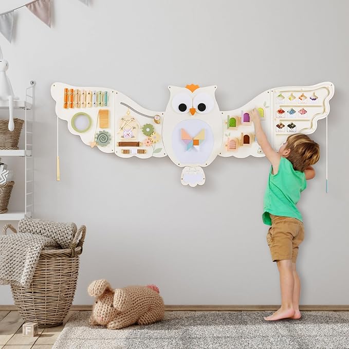 Beright Owl Activity Wall Busy Board Panels, Montessori Sensory Toys, Toddler Learning Activity Center, Perfect for Toddler Playroom & Children's Daycare, White