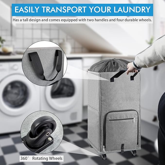 Laundry Hamper with Wheels, Bukere Large Rolling Laundry Basket with 4 Casters and 2 Handles, Collapsible Freestanding Wheeled Laundry Bag for Clothes, Laundry Room, Bathroom