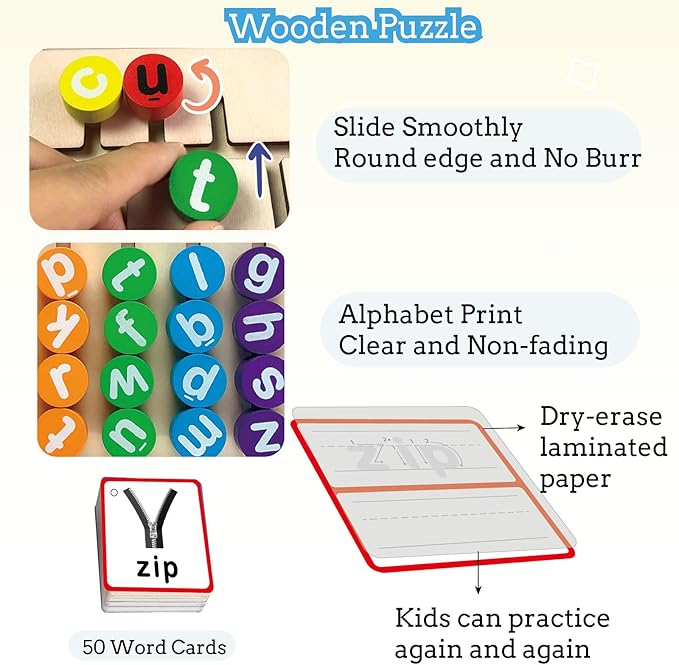 Wooden CVC Word Spelling Games, Matching Letter Games Phonics Board Flashcards Alphabet Puzzle, Preschool Learning Activities Montessori Educational Toys Gifts for Ages 3 4 5 6 Kids Toddlers