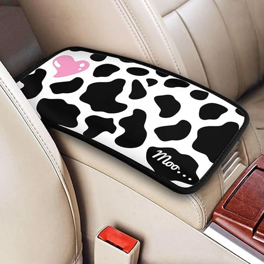 DORKEIXIA Black and White Cow Print Love Heart Cute Pink Auto Center Console Armrest Pad Universal Car Center Console Cover Seat Box Cover for Sedan, Van, SUV, Truck Car Accessorie