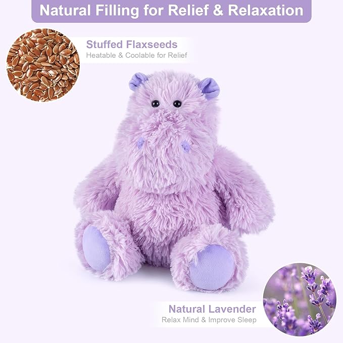 Warmable Hippo Stuffed Animals, Microwavable Stuffed Animal Heating Pads for Period & Stress Relief, Heatable & Coolable Hippopotamus Plush Toy, Cute Plushies Gifts for Kids & Women