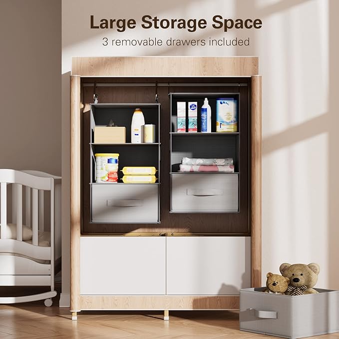 Pipishell 6-Shelf Hanging Closet Organizer with 2 Separable 3-Tier Shelves, 3 Drawers & Side Pockets Closet Organizers and Storage for Wardrobe Organization and Nursery Clothes Organizer, Gray