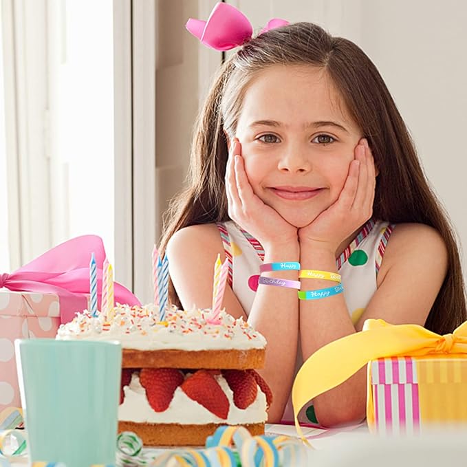 CCINEE 24 PCS Happy Birthday Silicone Bracelets, Colored Silica Rubber Stretch Wristbands for Kids Teenagers Birthday Party Supplies,4 Styles