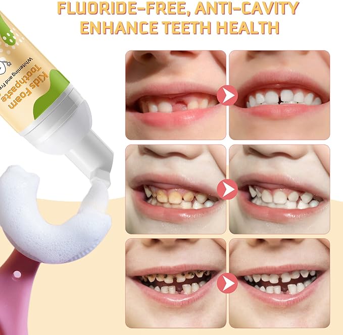 Kids Foam Toothpaste with Low Fluoride, Orange and Strawberry Flavor, Safe Natural Formul, Perfect for U-Shape Electric Toothbrush
