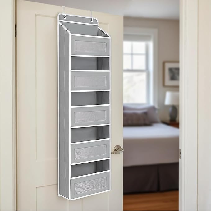 Over The Door Storage Organizer,Hanging Door Organizer with 5 Pockets Mesh Side Bag,Sturdy Hanging Shelves for Toys,Diaper,Nursery,Bedroom,Bathroom,15.7"×6.7"×57",Grey