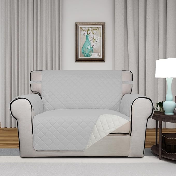 PureFit Reversible Quilted Sofa Cover, Water Resistant Slipcover Furniture Protector, Washable Couch Cover with Non Slip and Elastic Straps for Kids, Dogs, Pets (Oversized Chair, Light Gray/Ivory)