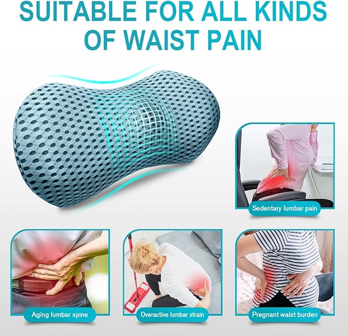 Lumbar Support Pillow for Office Chair, Memory Foam Lumbar Pillow for Lower Back Pain Relief - Black (Blue)