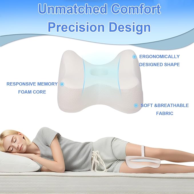 Memory Foam Knee Pillow for Side Sleeping,Leg Pillow with Elastic Band for Sciatica, Hip & Back Pain Relief,Between Leg Pillow for Side Sleepers, Removable Breathable Cover,White