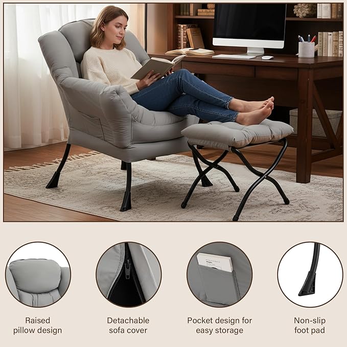 Welnow Lazy Chair with Ottoman, Modern Lounge Accent Chair with Armrests and a Side Pocket, Leisure Sofa Armchair Set, Reading Armchair with Footrest for Small Space, Light Grey