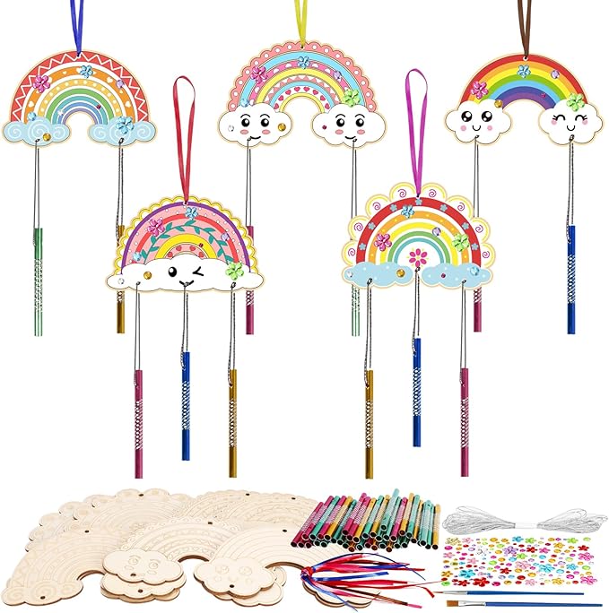 Fennoral 10 Rainbow Wind Chime Craft Kits for Kids Make Your Own Wind Chime Ornament DIY Coloring Wooden Art and Craft for Classroom Art Projects Spring Christmas Birthday Decorations