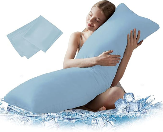 DOWNCOOL Large Body Pillow Insert with Cooling Cover - Soft Long Bed Pillow for Summer - Breathable Full Body Pillow for Adults - 20x54 inch (Blue, with Cover)