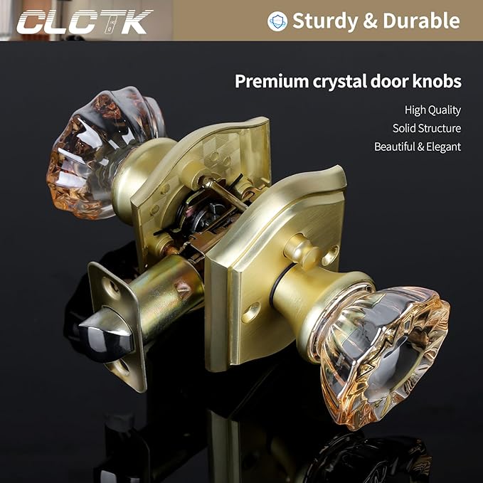 CLCTK Champagne Glass Door Knobs Interior with Lock, Gold Satin Brass Crystal Privacy Door Knobs for Bedroom Bathroom