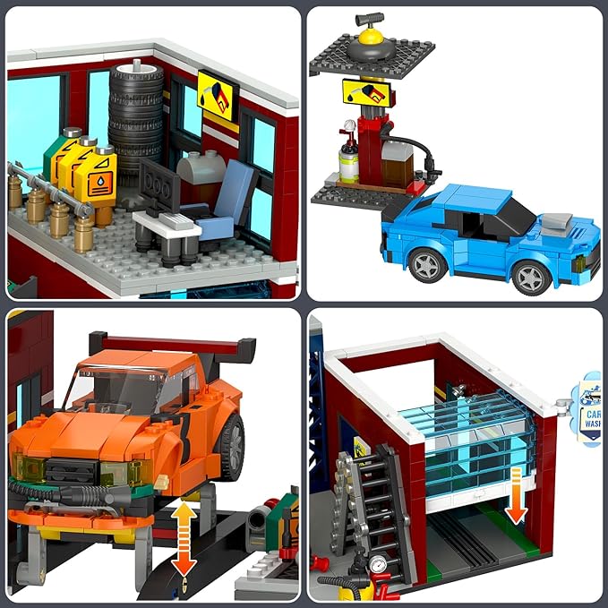 HOGOKIDS City Car Garage Building Set, 1022 PCS 3 IN 1 Auto Repair Shop, Gas Station, Car Wash Building Block with 2 Custom Cars Pretend Play Mechanic Toy Birthday Gift for 8-14+ Boys Teens Girls Kids