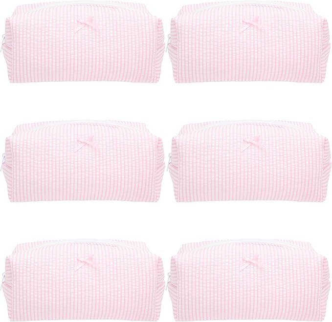 6PCS Cozy Makeup Bag SET Travel Cosmetic Bag for Women Soft Toiletry Bag Aesthetic Makeup Organizer Portable Large Zipper Pouch for Skincare Beauty Accessories Brushes Stripe Pink