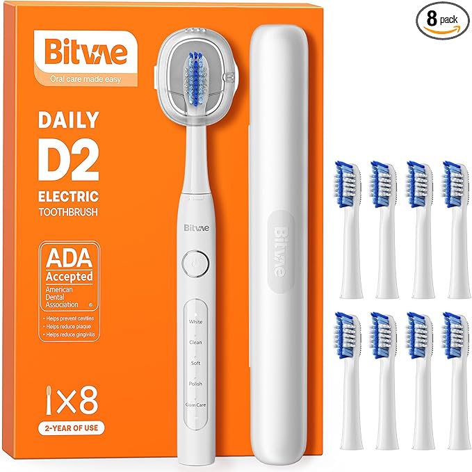 Bitvae Ultrasonic Electric Toothbrush for Adults and Kids, ADA Accepted Travel Electric Toothbrush with Rechargeable 60-Day Battery Life, 8 Toothbrush Heads, 5 Modes, Toothbrush Holder, Frost White