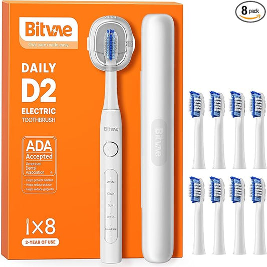 Bitvae Ultrasonic Electric Toothbrush for Adults and Kids, ADA Accepted Travel Electric Toothbrush with Rechargeable 60-Day Battery Life, 8 Toothbrush Heads, 5 Modes, Toothbrush Holder, Frost White
