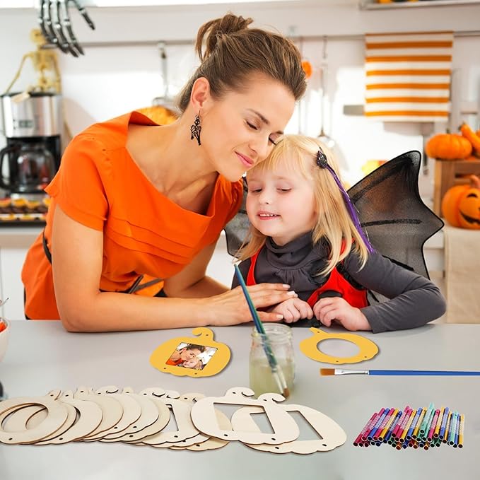 Fennoral 12 Pack Pumpkin Wind Chime Kit for Kids Make You Own Pumpkin Photo Frame Wind Chimes DIY Paint Fall Craft Wooden Ornaments for Art Project Autumn Thanksgiving Decoration