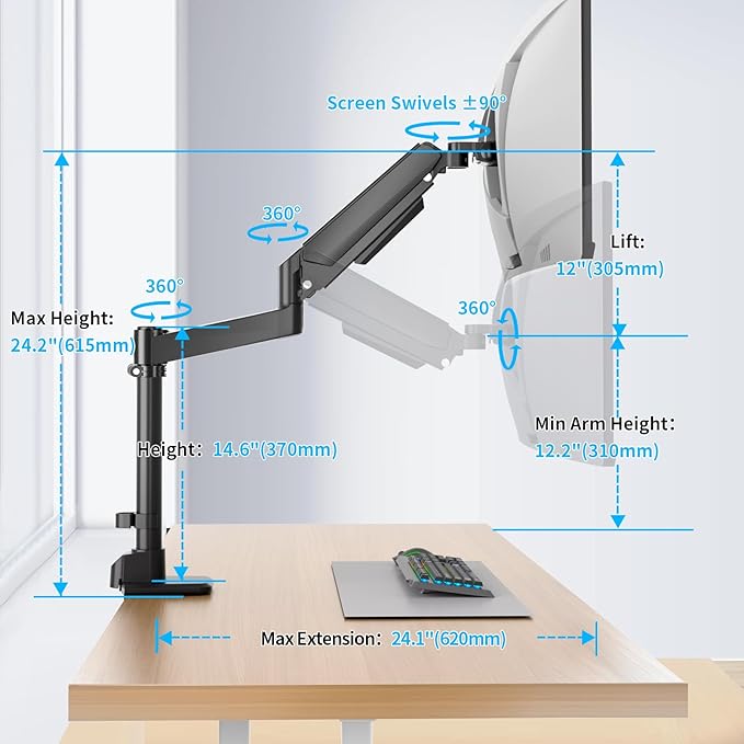 GUZHIKU Monitor Arm for 17 to 60 inch, Hold 44 lbs, Fully Adjustable Heavy Duty Desk Mount, Monitor Stand Fit 57 55 49", Ultrawide Monitors Bracket Clamp/Grommet Base VESA 75x75/100x100, Black,H9B