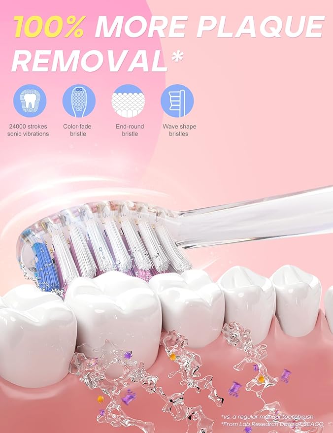 SEAGO Kids Electric Toothbrush with 2 Mins Brushing Timer and 8 Replacement Bursh Heads,Rainbow LED Light Make Brushing Fun, Pink Color Girls Battery Powerd Toothbrush for 4-12 Years Old